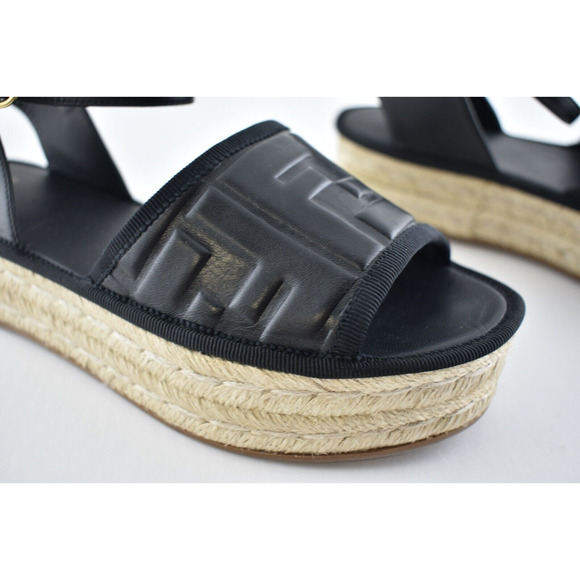 Fendi Black Leather Logo Slide Flat Ankle Strap Platform Espadrille Sandal 36.5 - Picture 6 of 11